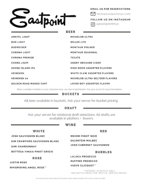 menu of Eastpoint Bar