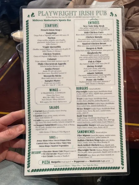 menu of The Playwright Irish Pub