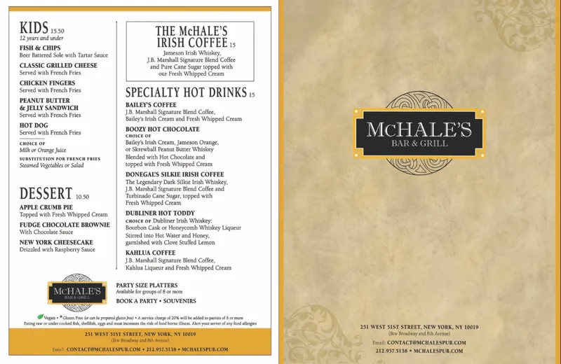 menu of McHale's Bar & Grill