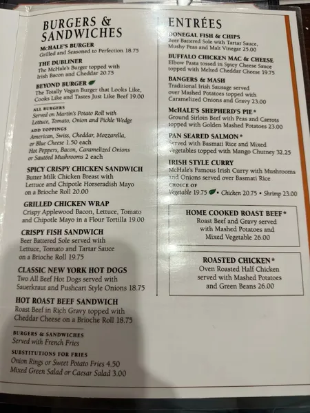 menu of McHale's Bar & Grill