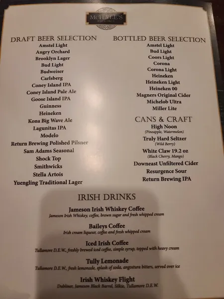 menu of McHale's Bar & Grill