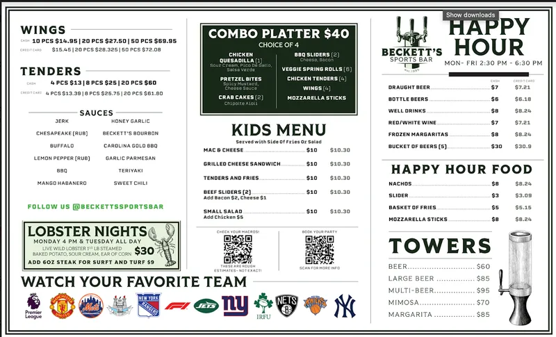 menu of Beckett's Bar & Grill