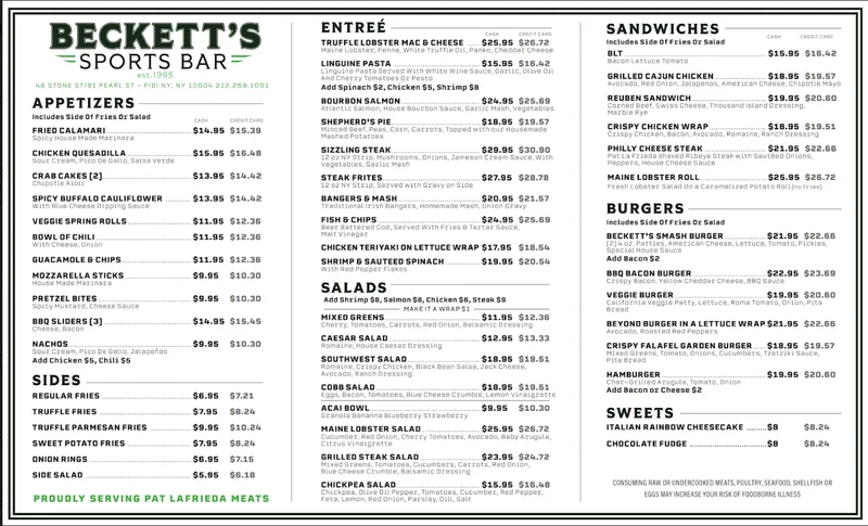 menu of Beckett's Bar & Grill