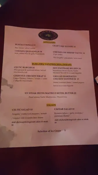 menu of Playwright Tavern Act II