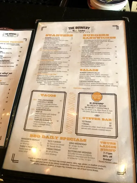 menu of Bowery Beer Garden