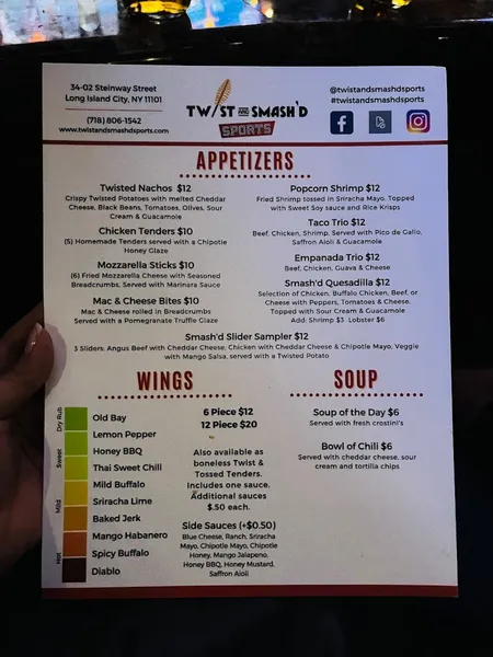 menu of Twist and Smash'd Sports