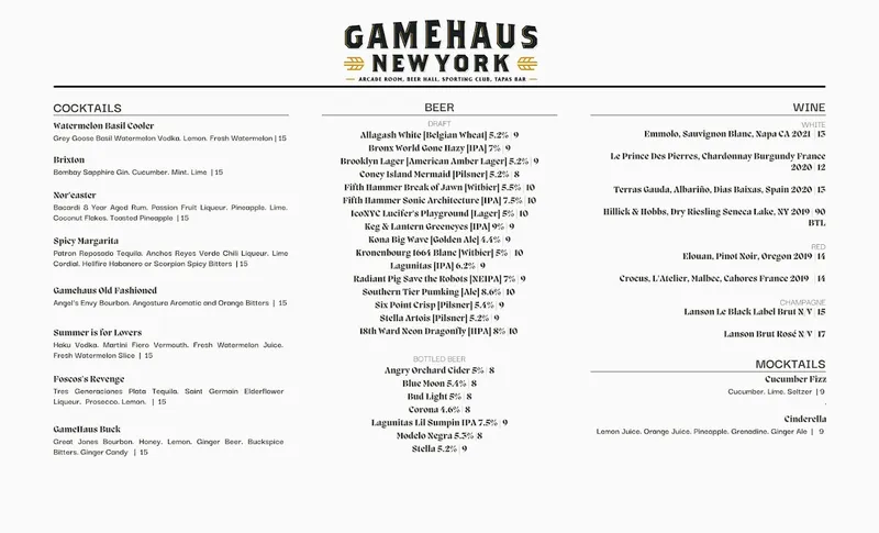 menu of Gamehaus New York - Sports Bar, Beer Hall, Food & Games