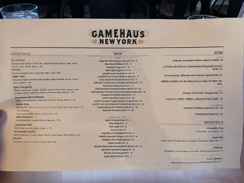 menu of Gamehaus New York - Sports Bar, Beer Hall, Food & Games