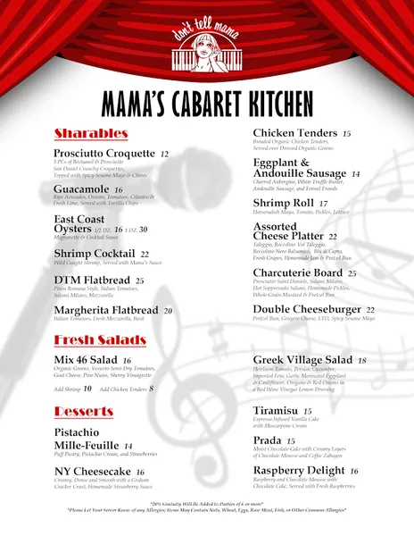 menu of Don't Tell Mama