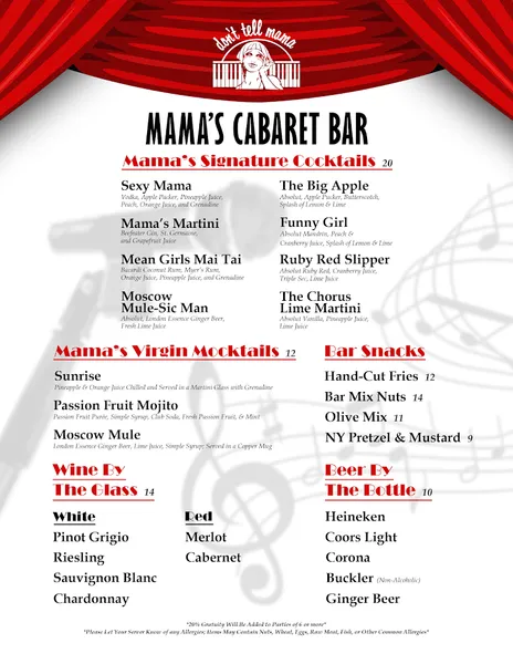 menu of Don't Tell Mama