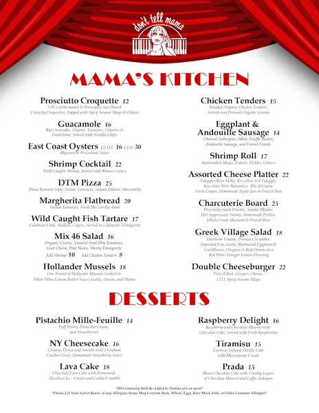 menu of Don't Tell Mama