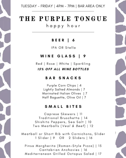 menu of The Purple Tongue Wine Bar