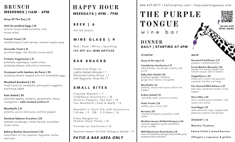 menu of The Purple Tongue Wine Bar