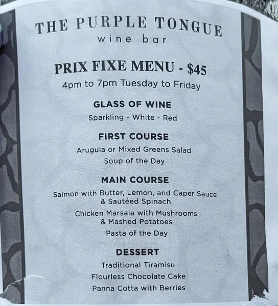 menu of The Purple Tongue Wine Bar