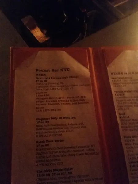 menu of Pocket Bar NYC