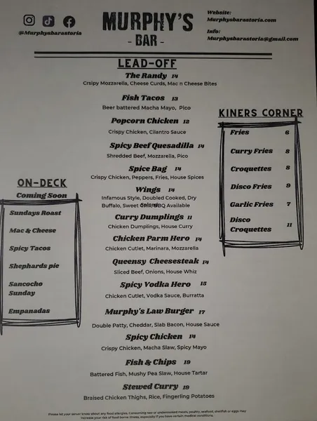 menu of Murphy's Sports Bar