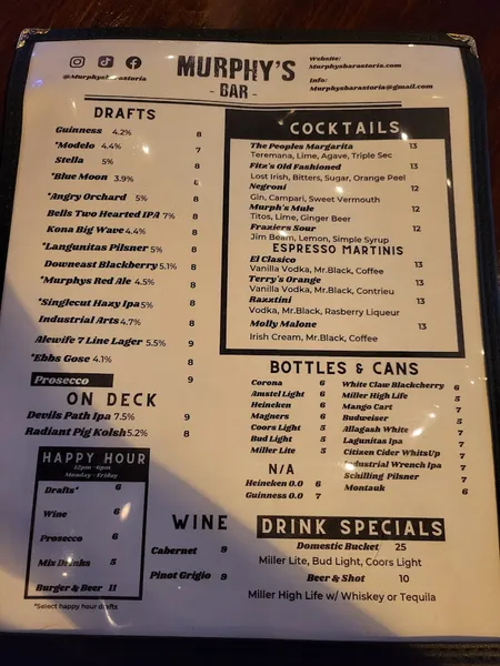 menu of Murphy's Sports Bar