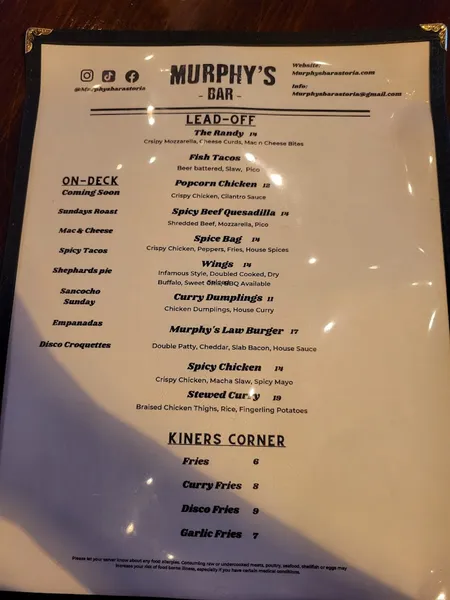 menu of Murphy's Sports Bar