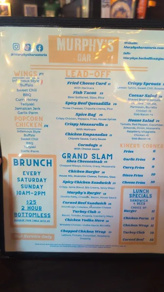 menu of Murphy's Sports Bar