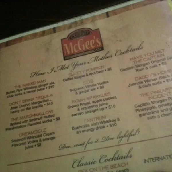 menu of McGee's Pub