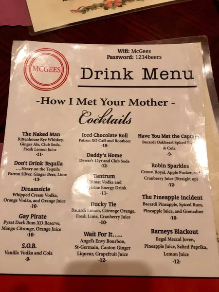 menu of McGee's Pub