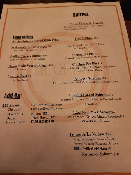 menu of McGee's Pub