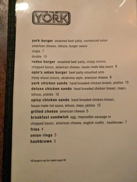 menu of The York