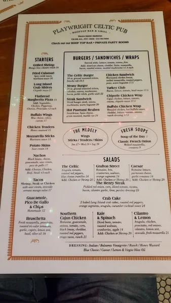 menu of Playwright Celtic Pub