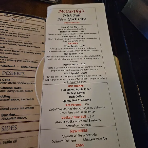 menu of McCarthy's Pub NYC