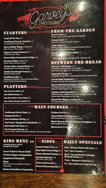 menu of Garvey's Irish Pub