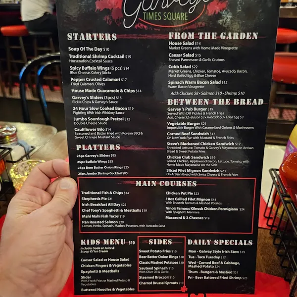 menu of Garvey's Irish Pub