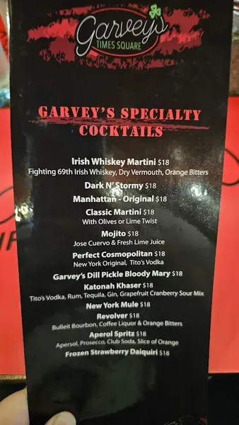 menu of Garvey's Irish Pub