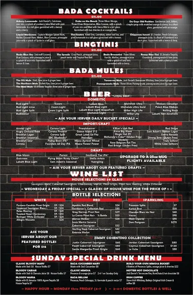 menu of Bada Bing