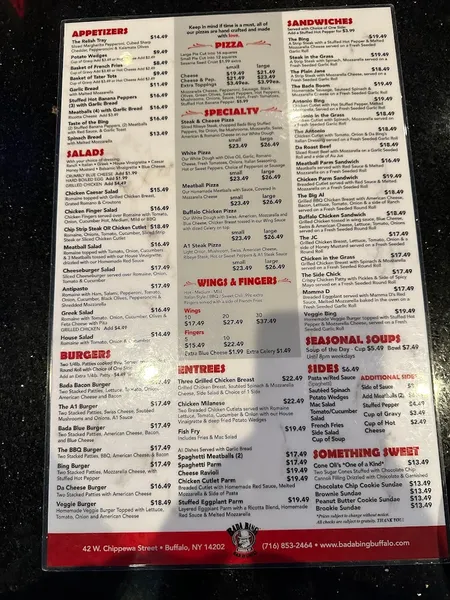 menu of Bada Bing