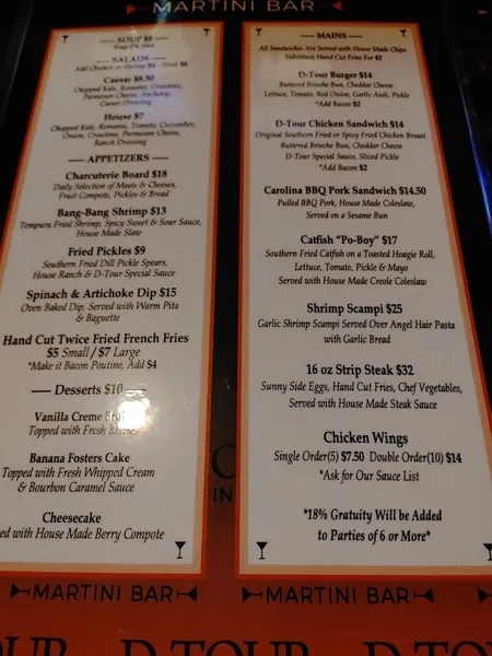 menu of D-Tour Bar & Grill