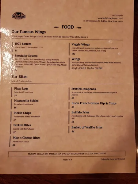 menu of Buffalo Tap House