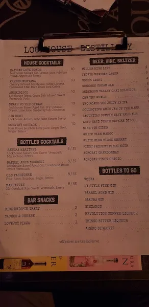 menu of Lockhouse Distillery and Bar