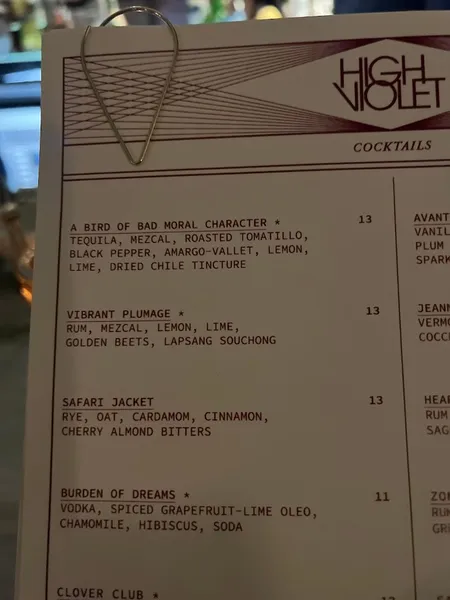 menu of High Violet