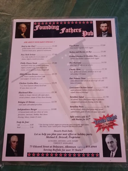 menu of Founding Fathers Pub