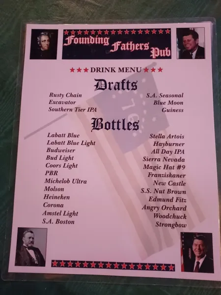 menu of Founding Fathers Pub