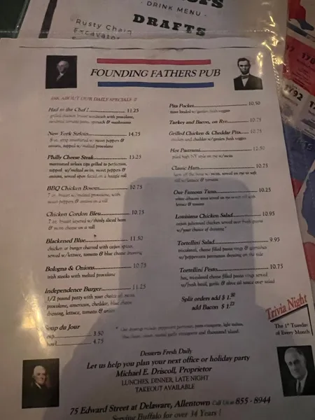 menu of Founding Fathers Pub