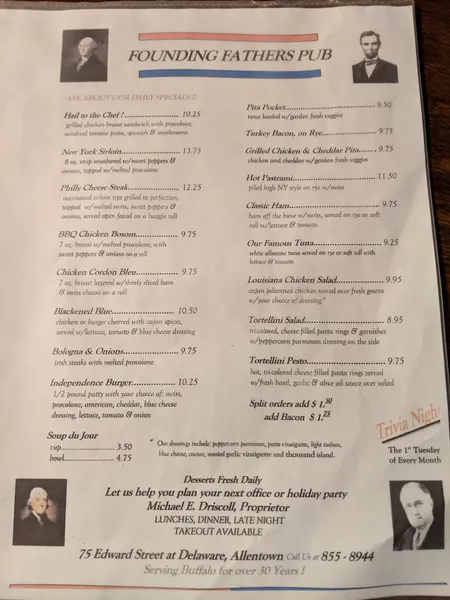 menu of Founding Fathers Pub