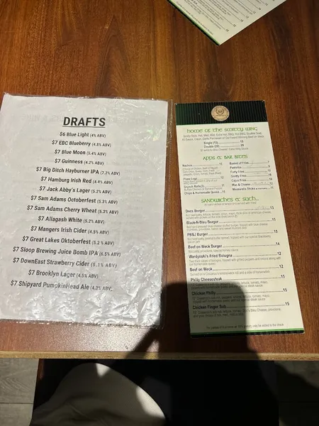 menu of Doc Sullivan's