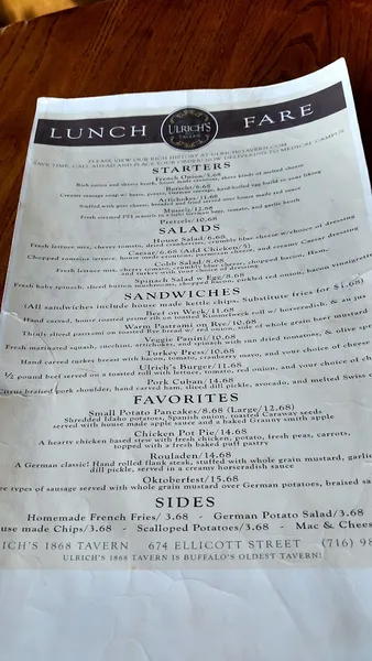 menu of Ulrich's 1868 Tavern