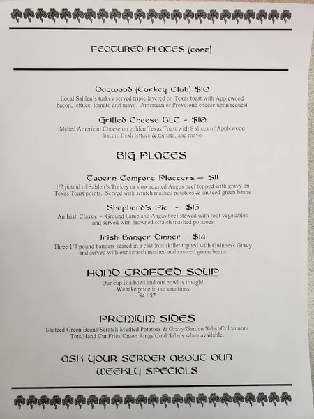 menu of Adolf's Old First Ward Tavern