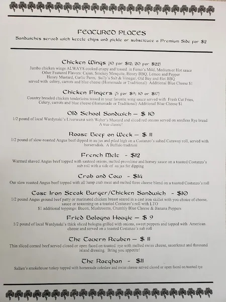 menu of Adolf's Old First Ward Tavern