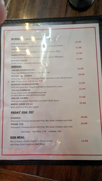 menu of The Rose Bar & Grille