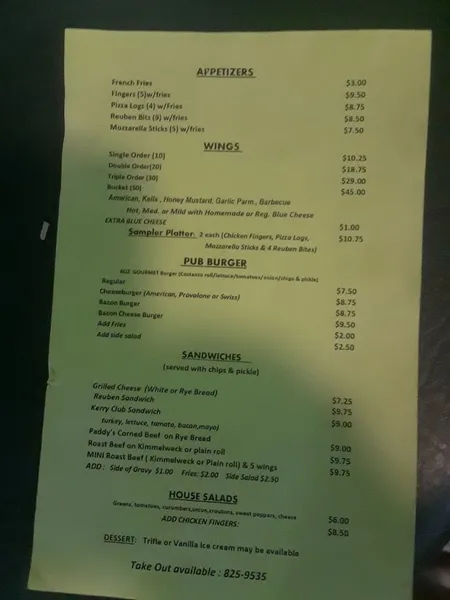 menu of The Buffalo Irish Center