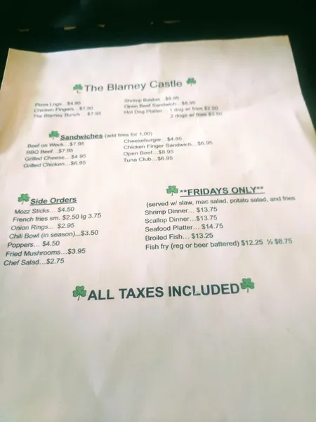 menu of Blarney Castle