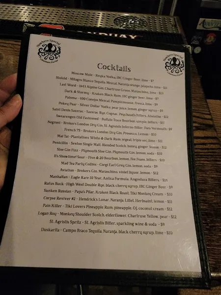 menu of Nowhere Special Libations Parlor